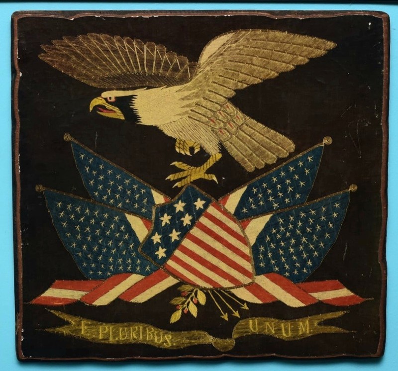 ANTIQUE LITHOGRAPH LAID ON HARDWOOD BOARD AMERICAN EAGLE FLAG CREST