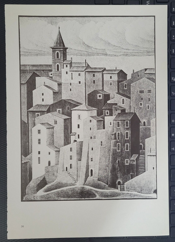 (Italy Period 1929) GENAZZANO ABRUZZI M C Escher surrealism Cityscape 11x7 Print gallery