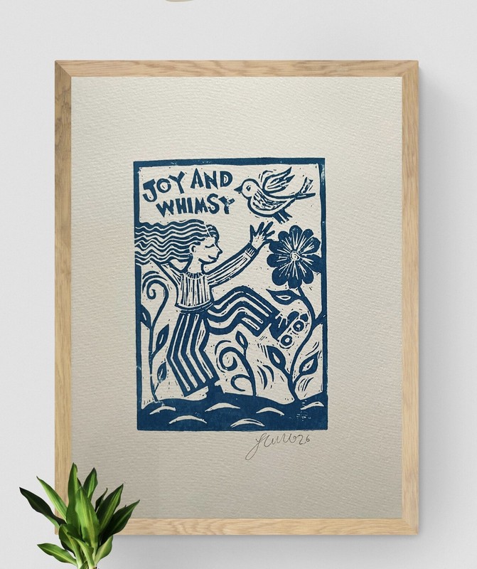Inspirational Wall Art – signed original – Lino cut – Joy and Whimsy – hand made