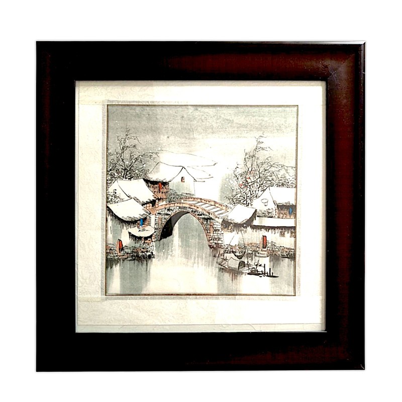 Framed Japanese Winter Bridge Ink Art 19.25×19.25