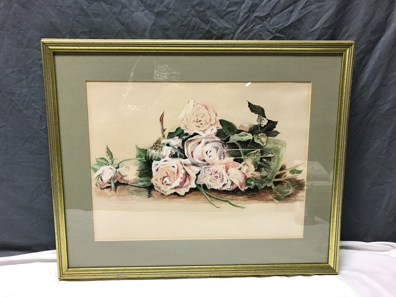 Vintage Shabby 18″ x 21″ Framed Victorian Roses Gold Framed Picture Old 25-24B