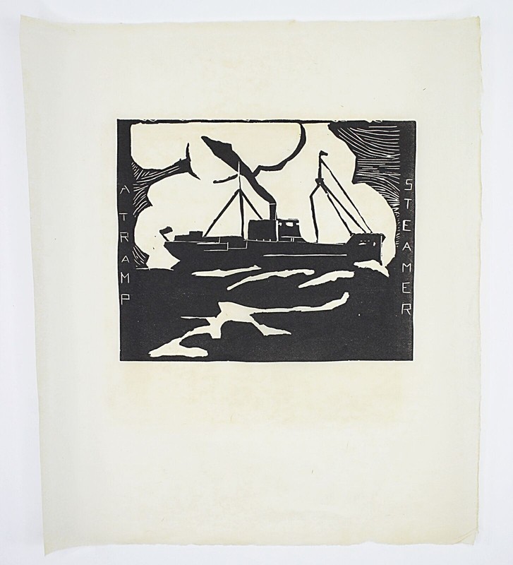 A TRAMP STEAMER Primitive Folk Art Tile Cut on Paper circa 1925 11 x 14 Overall