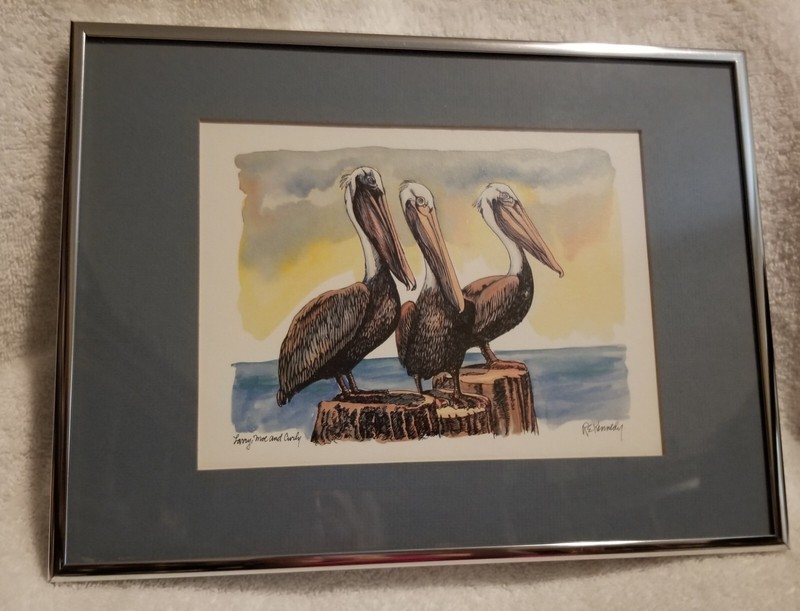 Vtg R E Kennedy Larry Moe Curley Art Print Pelicans in Brushed Aluminum Frame gallery