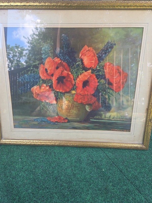 Vintage Litho Art Print By Max Streckenbach 20 X 16 Titled «Poppies in a Vase»
