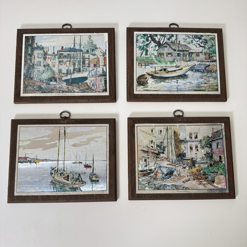 Set of 4 Vintage Framed Gold Foil Etching Art Prints by Lionel Barrymore 9" x 7"