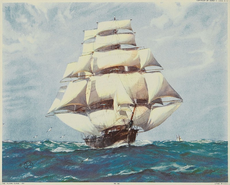 VINTAGE c1930s Halftone Litho of the Historic Clipper Ship THE FLYING CLOUD 1851