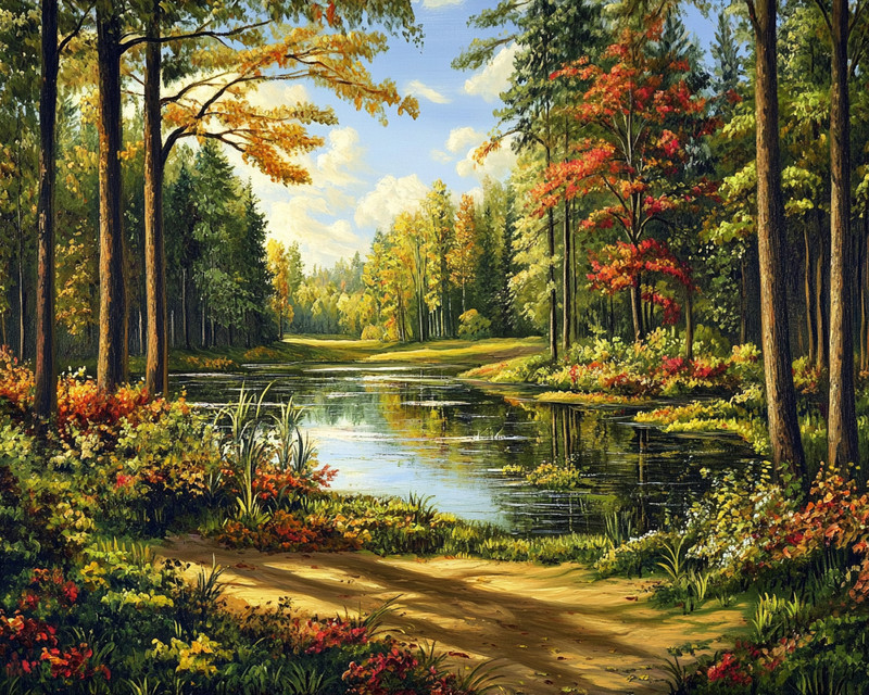 Beautiful Pond Lake Landscape Autumn Trees oil painting 20×16 Print On Canvas