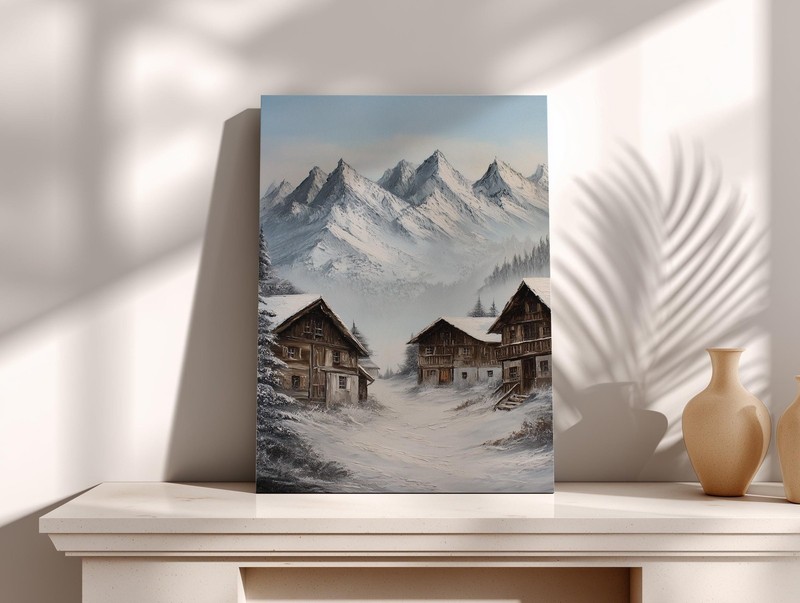 Winter Landscape Canvas Rustic Cabin Snowy Mountain Alpine Village Art gallery