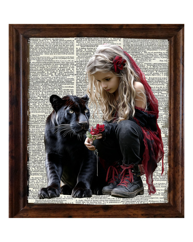 SIGNED FRAMED Little Girl & Panther Dictionary Page Art Print Gothic Wall Decor