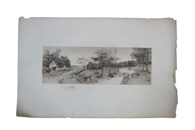 Antique B&W Country Farmhouse Bridge Over Water River Landscape Etching 32"