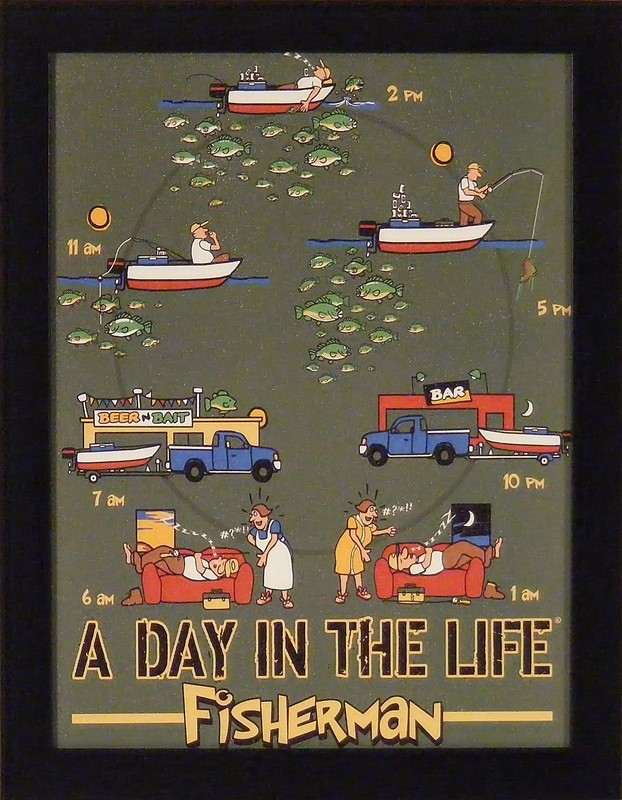 A DAY IN THE LIFE FISHERMAN by Jim Baldwin 14×18 FRAMED WALL ART Humorous Boat
