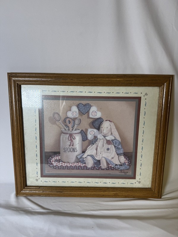 Pat Pearson 1990 Framed Country Bunny With Spoons & Heart Print Cottage Core