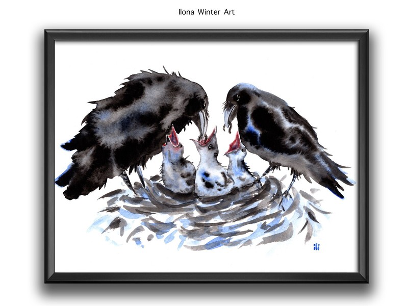 Personalised Crow Family Painting Print «Lunch Time» by Ilona Winter