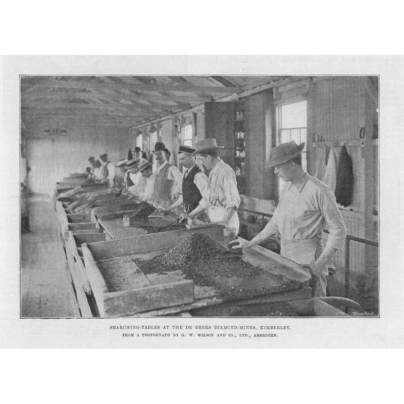 SOUTH AFRICA Searching Tables at De Beers Diamond Mines – Antique Print 1895