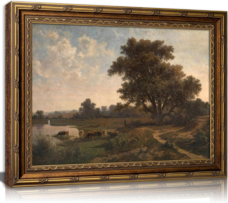 Vintage Gold Framed Landscape Art – Rustic River Scene Canvas Decor