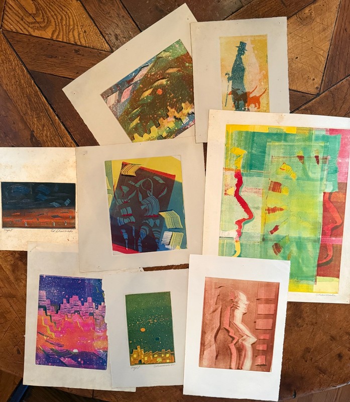 Shewmake Lot 8 Vtg Original Prints women city night MCM abstract fantasy whimsy gallery