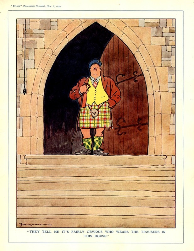 Rare 1934 Cartoon THIS SCOTT WEARS THE PANTS IN THIS HOUSE Scottish KILT Humor