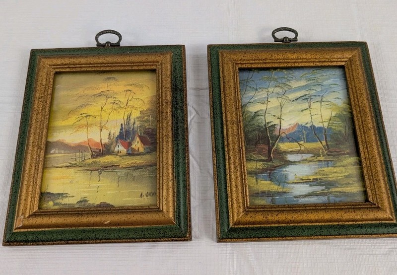 Vintage Pair of Small Landscape Framed Pictures Green/Gold Frames 6 1/2 x 5 5/8″