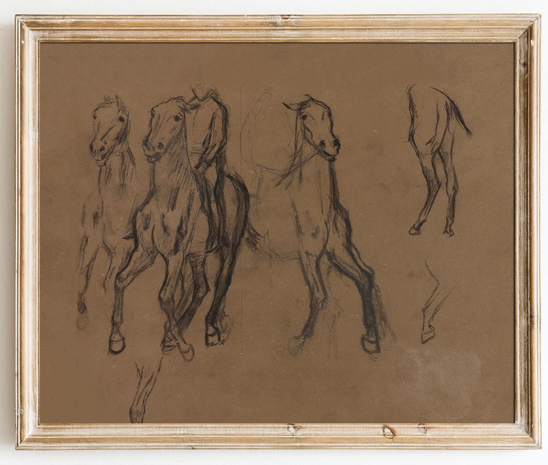 Vintage Horse Wall Art Decor, Neutral Brown Tones Horses Sketch Canvas Prints We