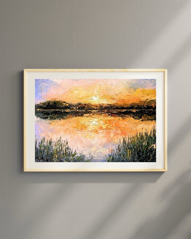 Textured Oil Painting Sunset Landscape Wall Art Print | Palette Knife Painting