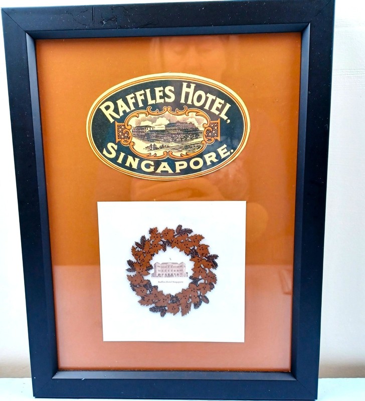 Framed Raffles Hotel Singapore Art Print With Decorative Wooden Wreath