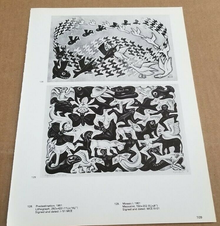 MOSAIC I & PREDESTINATION (Animals Humanoid Fish Bird 1951) by M C Escher Print