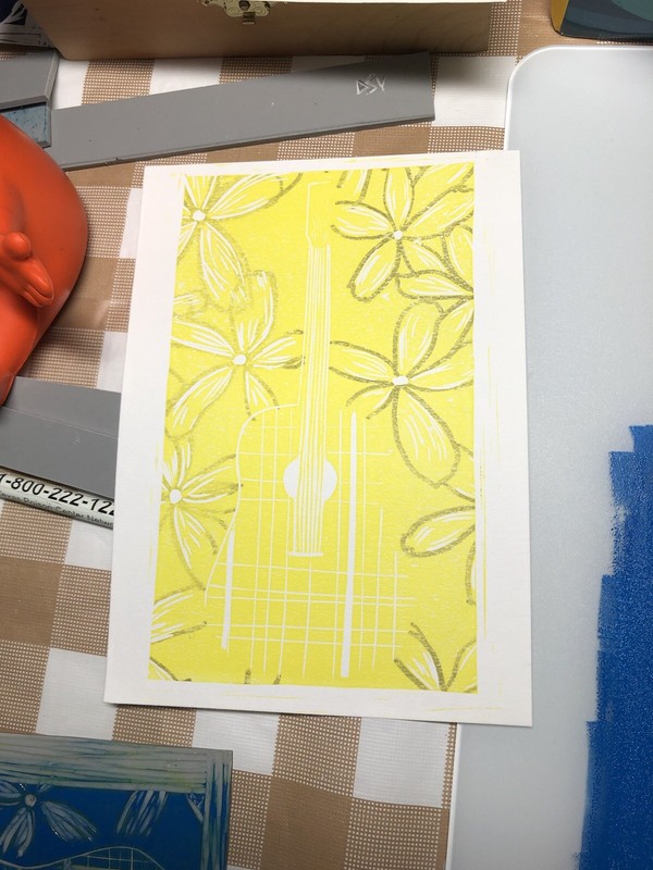 5" x 7" Reduction Linocut Print 3 Color Unframed “Guitar I” #4/8 Music Flowers gallery