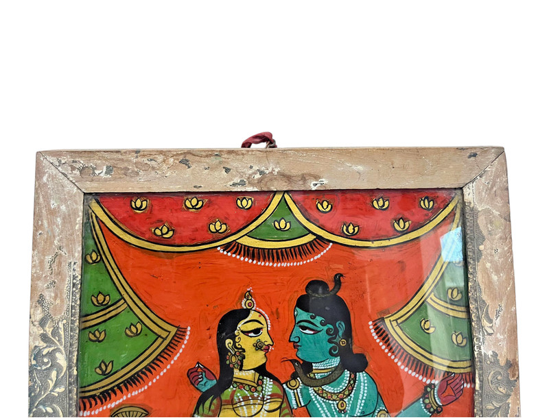 Vintage Hand Paper Beautiful Fine Glass Painting Shiva Parvati in Wooden Frame gallery