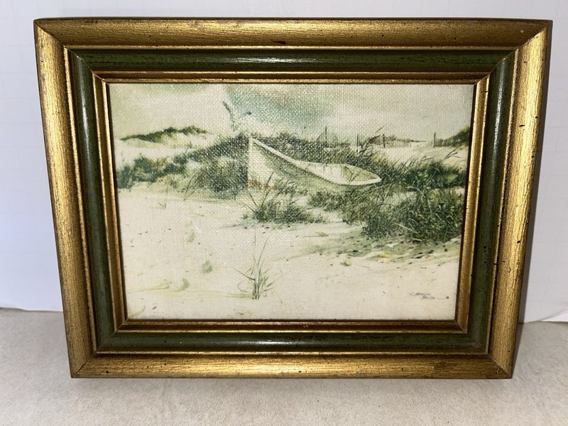 Vtg Small Seashore Boat Painting Print On Canvas Framed Nautical Beach 8.5x6.5” gallery