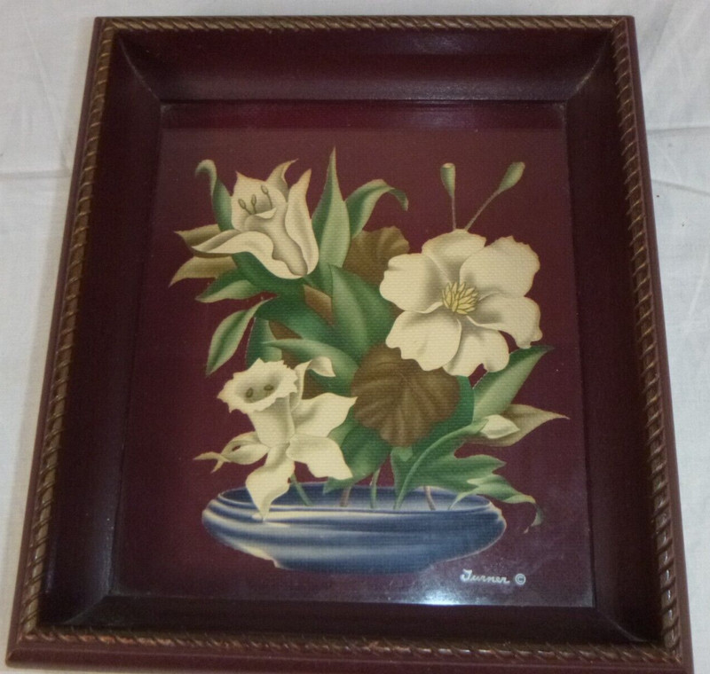 Vtg 40s 50s Turner Wood Framed Floral Print 7″ x 8″