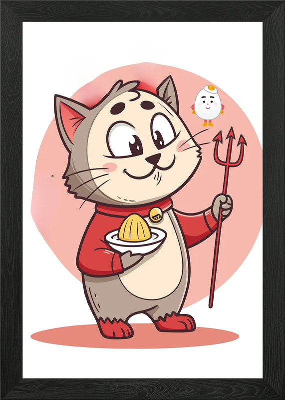 Cartoon Cat Devil with Egg Friend Framed Wall Art Poster Canvas Print Picture