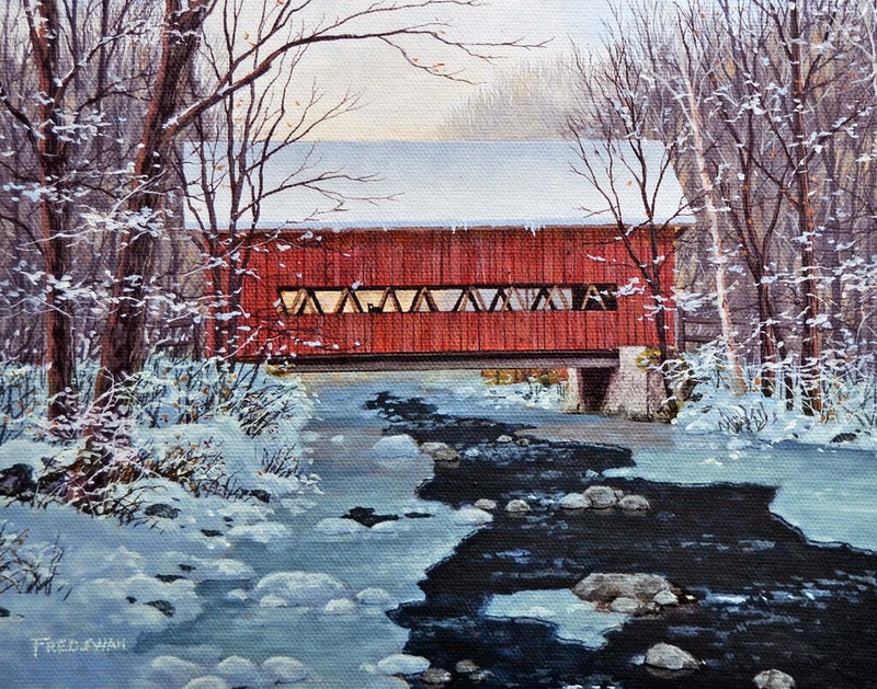 Stowe Covered Bridge Winter by Fred Swan Fine Art Print Country Landscape 21×26