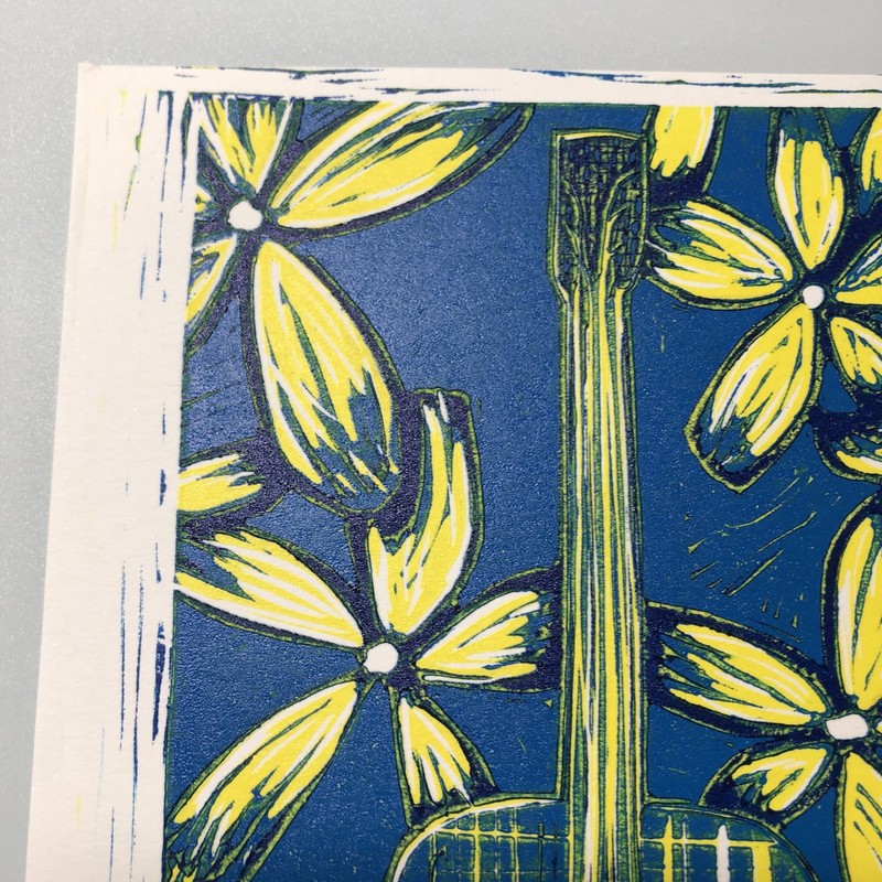 5" x 7" Reduction Linocut Print 3 Color Unframed “Guitar I” #4/8 Music Flowers gallery