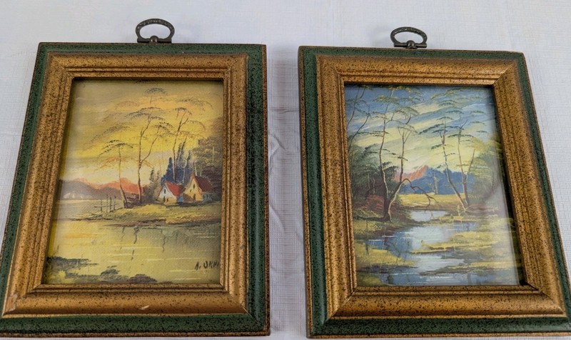 Vintage Pair of Small Landscape Framed Pictures Green/Gold Frames 6 1/2 x 5 5/8" gallery