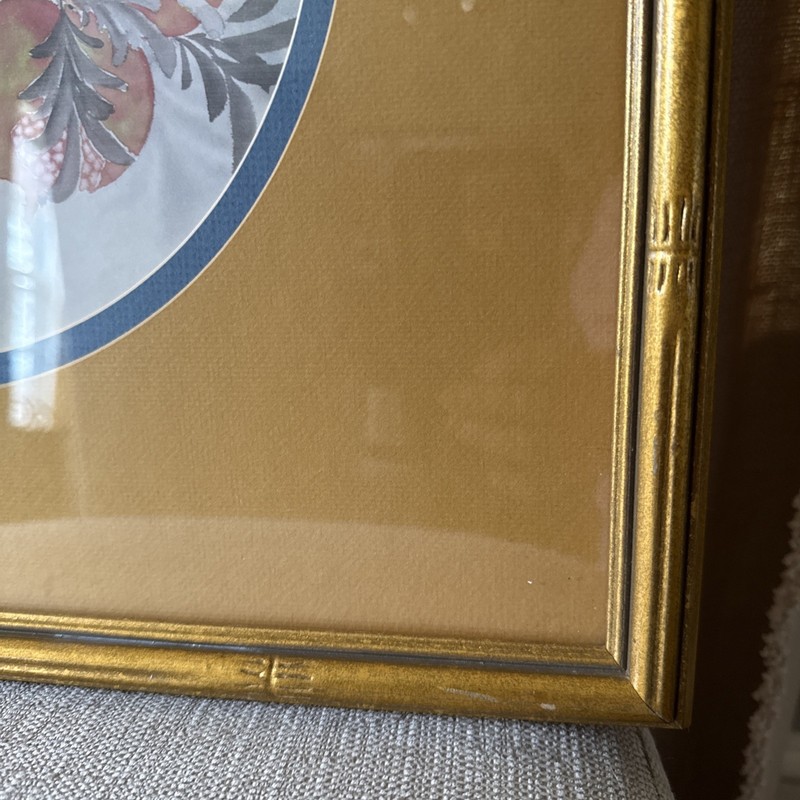 Asian Print Artwork Two Birds In Persimmon Tree faux Bamboo style gold Frame 17” gallery