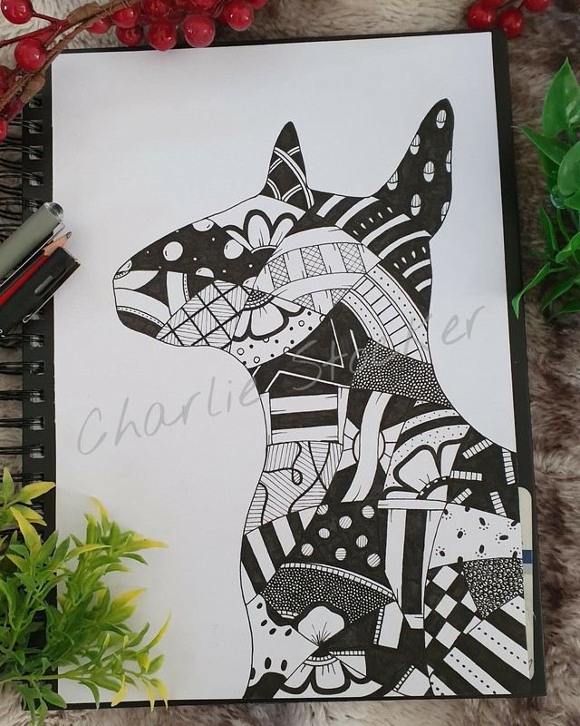 Zentangle Dog Silhouettes – English Bull Terrier #1. *Print*