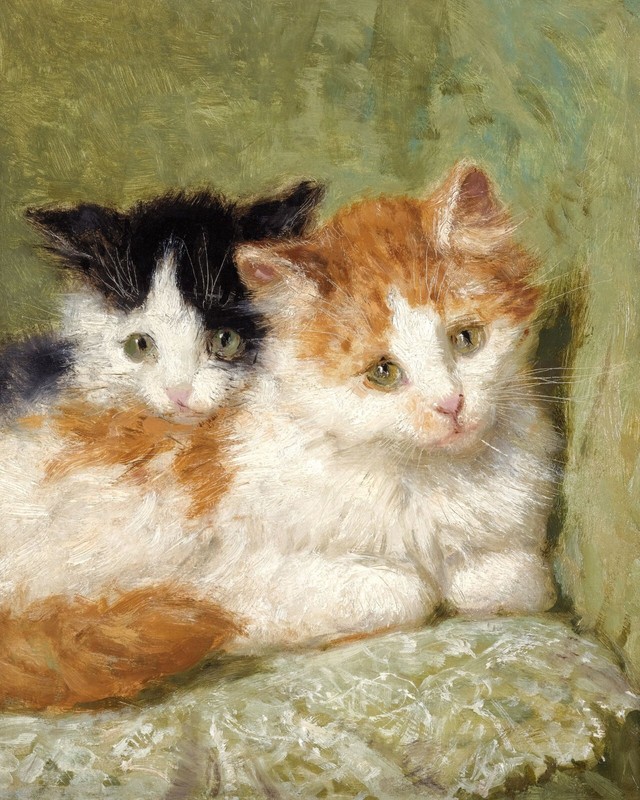 1895 Two Kittens Sitting on a Cushion Painting Giclee Print on Fine Art Paper
