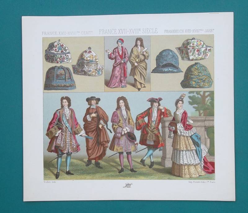 FRENCH FASHION Royal Court 17-18th C. Bonnets Gowns – 1878 COLOR Print Racinet