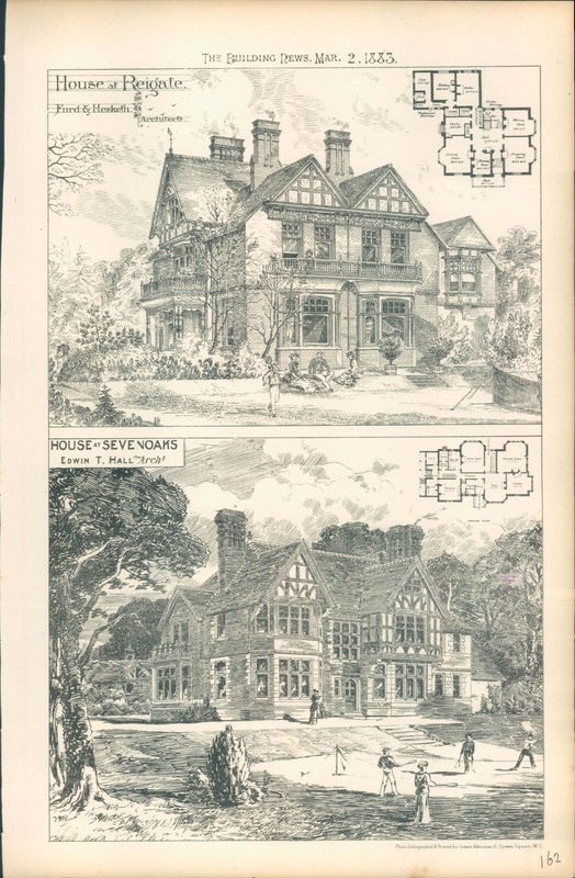 Antique Architects Print House at Reigate & Sevenoaks 1883