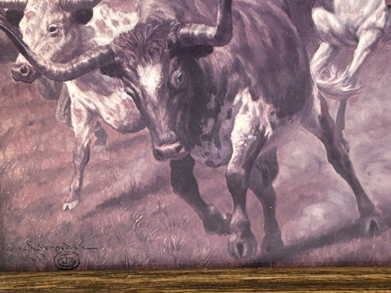 Vintage AMERICANA ART Joe Ruiz Grandee CATTLE DRIVE Cowboys Horses FRAMED gallery