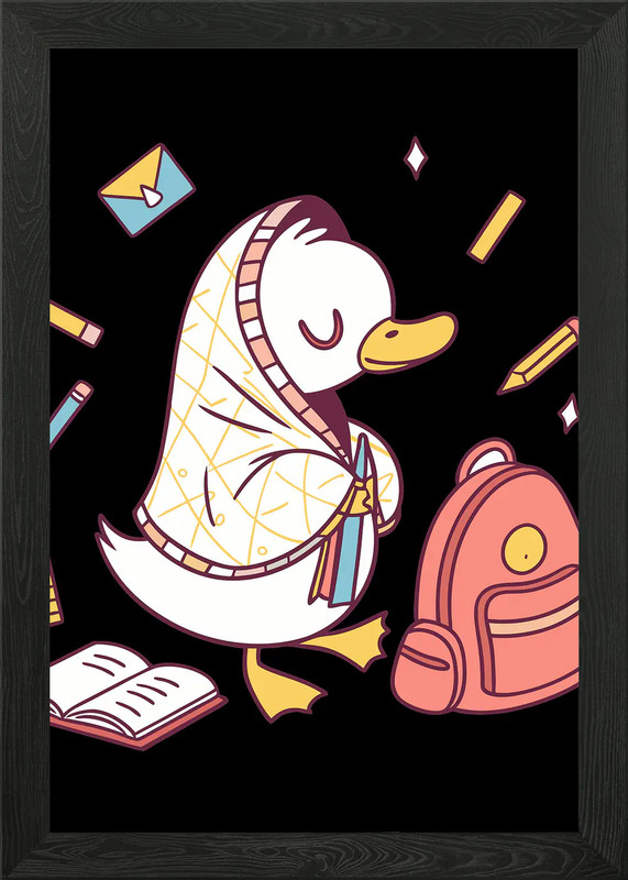 Duck Student with School Supplies Framed Wall Art Poster Canvas Print Picture