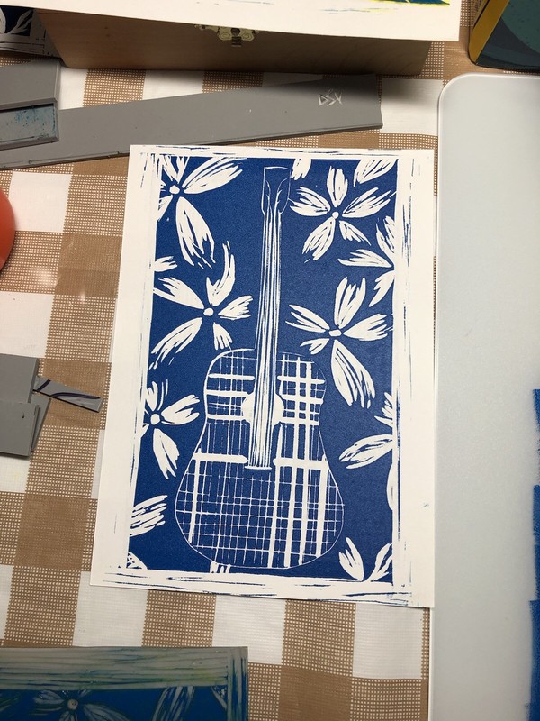 5" x 7" Reduction Linocut Print 3 Color Unframed “Guitar I” #4/8 Music Flowers gallery