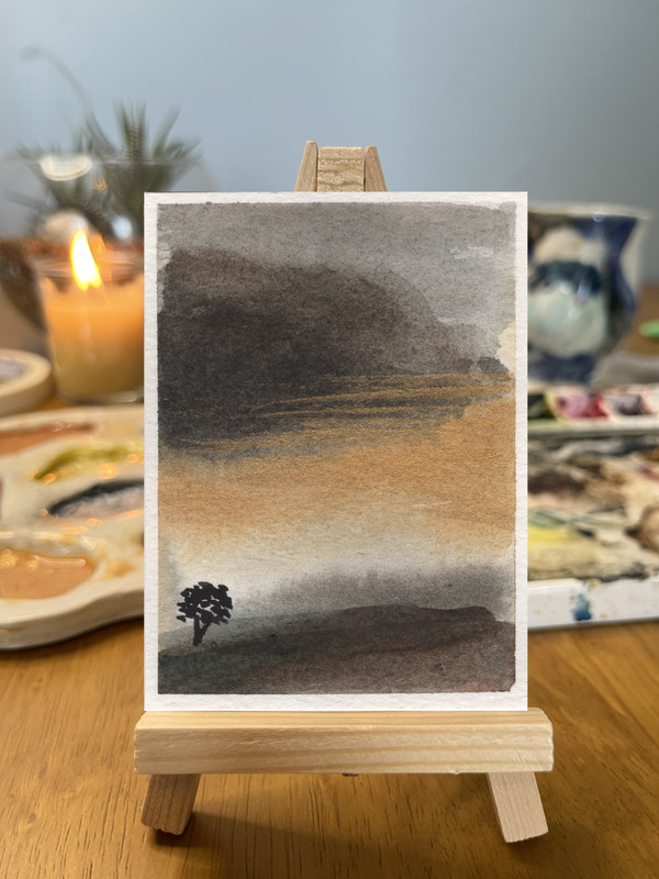 ACEO Original Watercolor Gold Metallic Storm Mountain Lone Tree Atmospheric Land