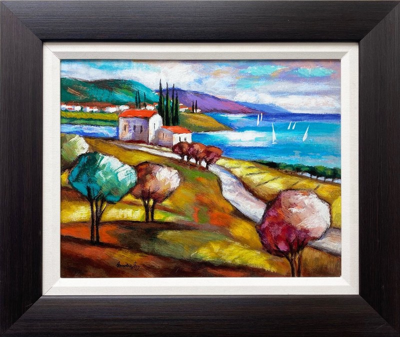 Slava Brodinsky «Sea View II» Framed Hand Signed & # Serigraph on Wood Israel