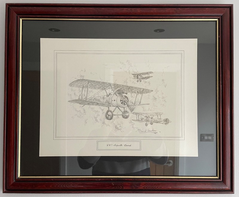 Framed Print of WW1 Sopwith Camel by David Hawker 1992 Signed 58.5 cm x 48.0 cm