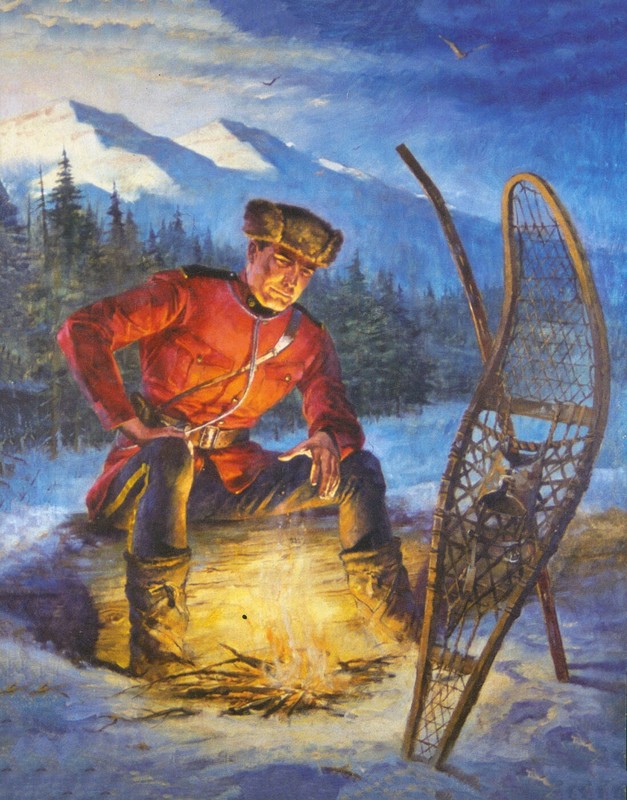 Canadian Mountie By Campfire Snowshoes stuck in Snow by Arnold Friberg 11 x 14