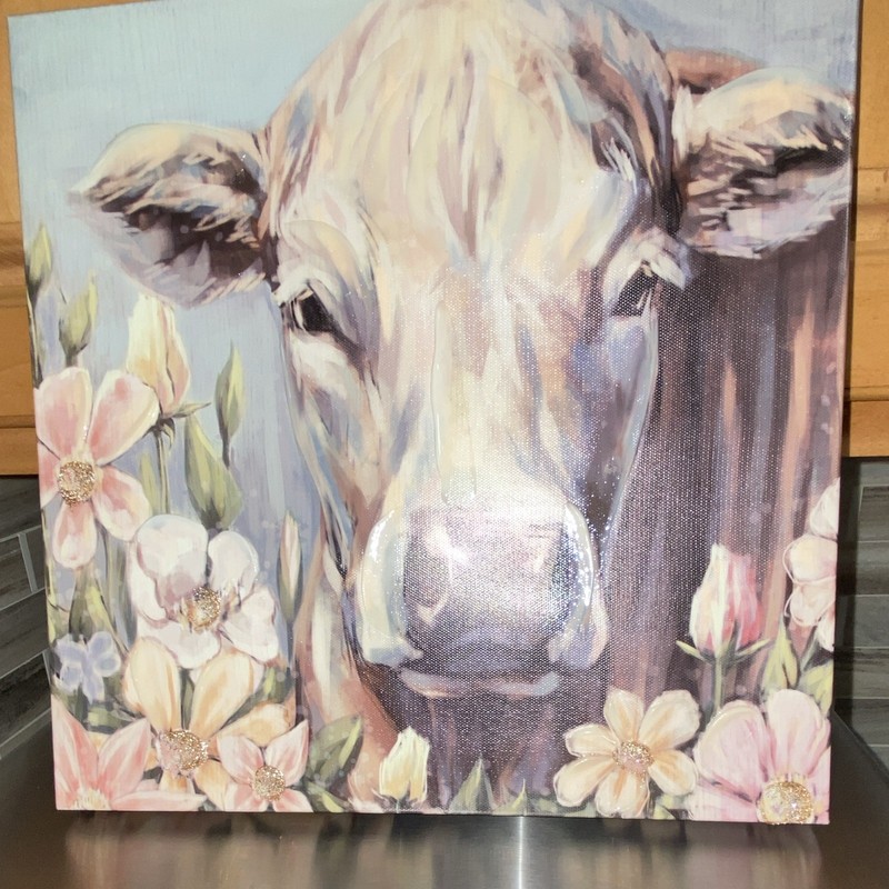Cow with Flowers Floral Animals Print, Framed MDF Wall Art, Portrait