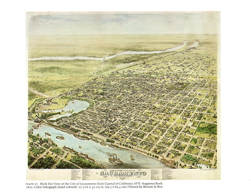1976 Vintage CITY «BIRDS EYE VIEW OF SACRAMENTO CA. (1870)» Color Art Lithograph