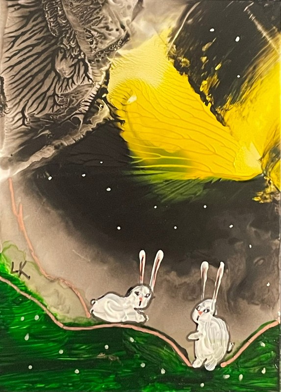 ACEO art PRINT bunny Rabbits night yellow by Lynne Kohler 2.5×3.5″