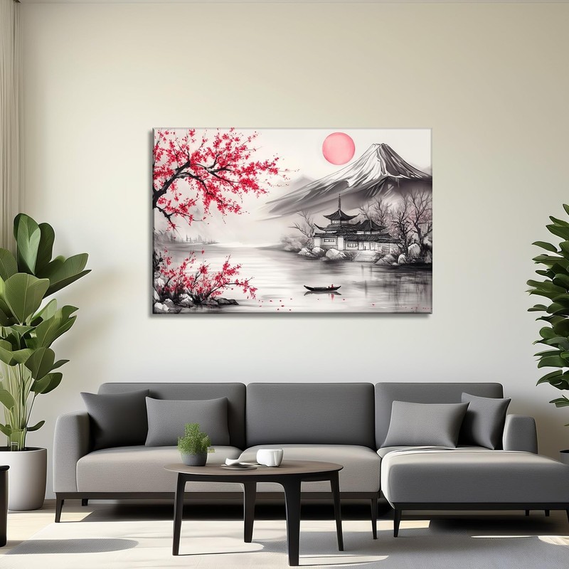 Japanese Wall Art Asian Landscape Watercolor Canvas Prints Red and Black Cher... gallery